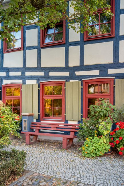 The image showcases the front garden of a traditional timber-framed house with a charming blue and white exterior, complemented by red window frames and olive-green shutters. The garden features lush, well-maintained greenery including vibrant flowering plants with red, yellow, and orange blooms, and leafy shrubs along the cobblestone pathway that leads to a small wooden bench painted in red. The pathway is bordered by compacted gravel and small garden beds filled with rich soil, suggesting ongoing garden maintenance and planting activities. Tall trees with broad green leaves provide partial shade and add to the live, inviting atmosphere. Visible tools like a rake and gardening shears suggest recent trimming or planting work, while the overall scene captures a well-cared-for outdoor space emphasizing garden landscaping, lawn care, and hedge trimming efforts. The warm sunlight enhances the fresh, vibrant colors and textures of the garden, aligning with the professional standards of Gardeners Gallows Corner, natural outdoor care, and garden maintenance suited for Harold Wood station front gardens.